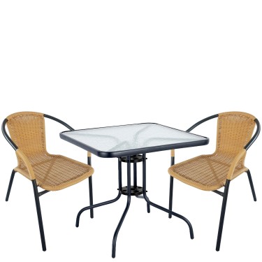 Σετ Τραπεζαρία Κήπου ArteLibre MARS Μαύρο/Μπεζ Rattan/Γυαλί/Μέταλλο Με 2 Πολυθρόνες 14990490