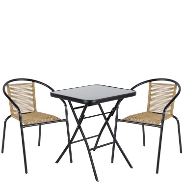 Σετ Τραπεζαρία Κήπου ArteLibre TAURUS Μαύρο/Φυσικό Rattan/Γυαλί/Μέταλλο Με 2 Πολυθρόνες 14990518