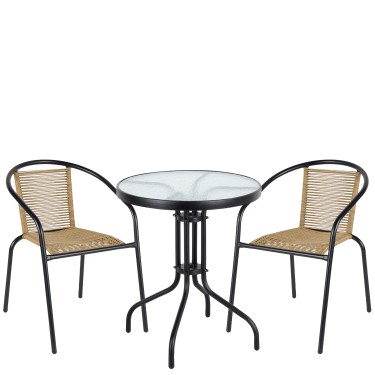 Σετ Τραπεζαρία Κήπου ArteLibre EARTH Μαύρο/Φυσικό Rattan/Γυαλί/Μέταλλο Με 2 Πολυθρόνες 14990523