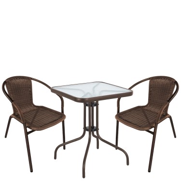 Σετ Τραπεζαρία Κήπου ArteLibre MARS Καφέ Rattan/Γυαλί/Μέταλλο Με 2 Πολυθρόνες 14990525