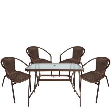Σετ Τραπεζαρία Κήπου ArteLibre SUN Καφέ Rattan/Γυαλί/Μέταλλο Με 4 Πολυθρόνες 14990532