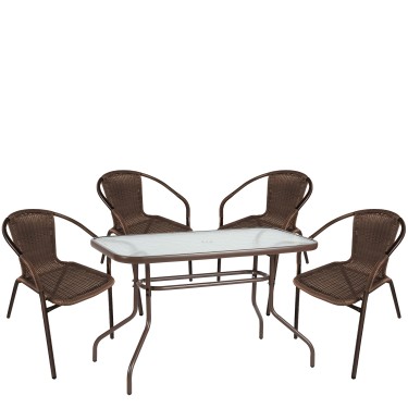 Σετ Τραπεζαρία Κήπου ArteLibre VULCAN Καφέ Rattan/Γυαλί/Μέταλλο Με 4 Πολυθρόνες 14990534