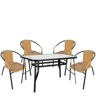 Σετ Τραπεζαρία Κήπου ArteLibre SUN Μαύρο/Μπεζ Rattan/Γυαλί/Μέταλλο Με 4 Πολυθρόνες 14990535