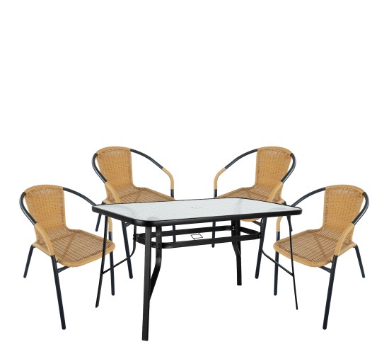 Σετ Τραπεζαρία Κήπου ArteLibre SUN Μαύρο/Μπεζ Rattan/Γυαλί/Μέταλλο Με 4 Πολυθρόνες 14990535