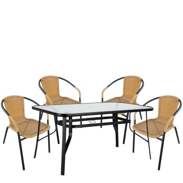 Σετ Τραπεζαρία Κήπου ArteLibre SUN Μαύρο/Μπεζ Rattan/Γυαλί/Μέταλλο Με 4 Πολυθρόνες 14990536