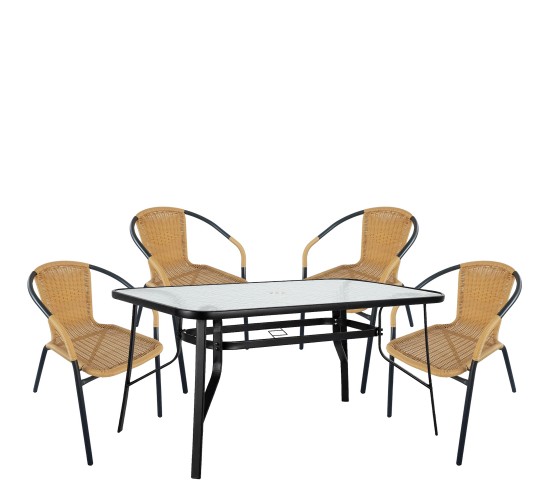 Σετ Τραπεζαρία Κήπου ArteLibre SUN Μαύρο/Μπεζ Rattan/Γυαλί/Μέταλλο Με 4 Πολυθρόνες 14990536
