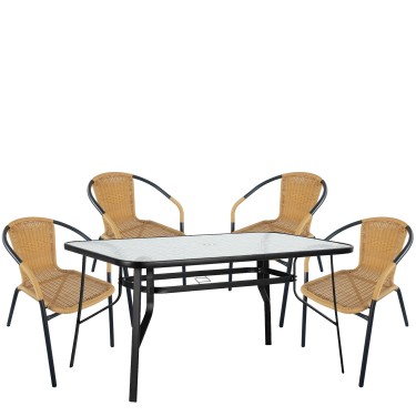 Σετ Τραπεζαρία Κήπου ArteLibre SUN Μαύρο/Μπεζ Rattan/Γυαλί/Μέταλλο Με 4 Πολυθρόνες 14990537