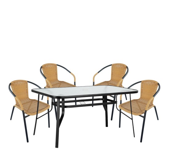 Σετ Τραπεζαρία Κήπου ArteLibre SUN Μαύρο/Μπεζ Rattan/Γυαλί/Μέταλλο Με 4 Πολυθρόνες 14990537