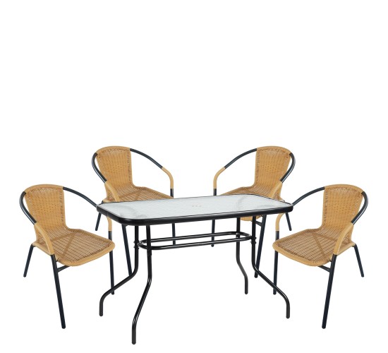Σετ Τραπεζαρία Κήπου ArteLibre VULCAN Μαύρο/Μπεζ Rattan/Γυαλί/Μέταλλο Με 4 Πολυθρόνες 14990538