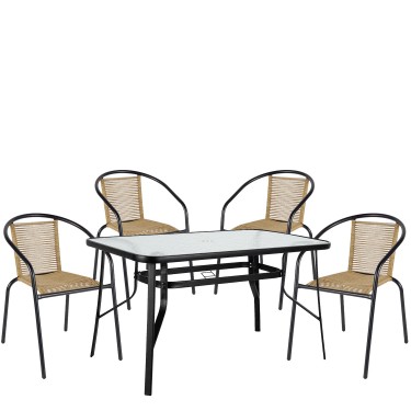 Σετ Τραπεζαρία Κήπου ArteLibre SUN Μαύρο/Φυσικό Rattan/Γυαλί/Μέταλλο Με 4 Πολυθρόνες 14990590