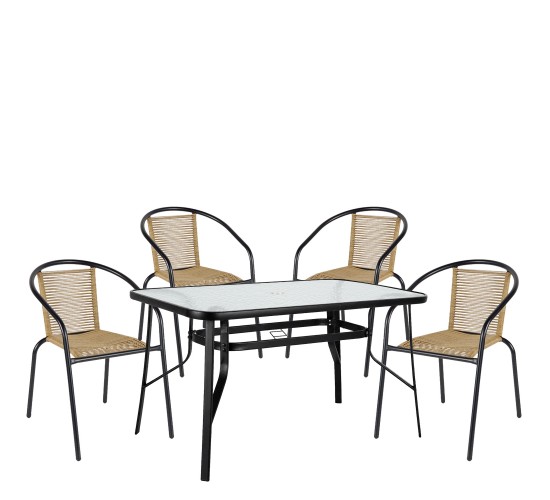 Σετ Τραπεζαρία Κήπου ArteLibre SUN Μαύρο/Φυσικό Rattan/Γυαλί/Μέταλλο Με 4 Πολυθρόνες 14990590