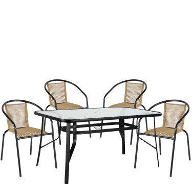 Σετ Τραπεζαρία Κήπου ArteLibre SUN Μαύρο/Φυσικό Rattan/Γυαλί/Μέταλλο Με 4 Πολυθρόνες 14990591