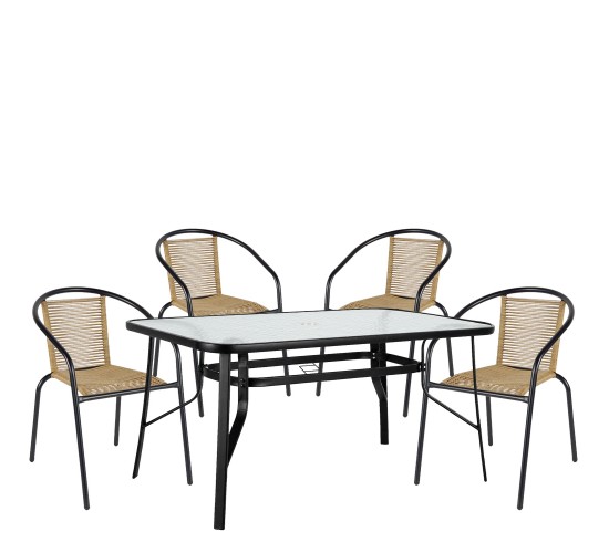Σετ Τραπεζαρία Κήπου ArteLibre SUN Μαύρο/Φυσικό Rattan/Γυαλί/Μέταλλο Με 4 Πολυθρόνες 14990591
