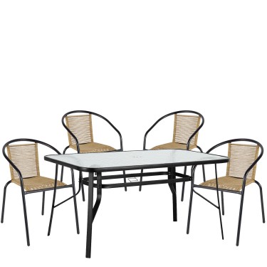 Σετ Τραπεζαρία Κήπου ArteLibre SUN Μαύρο/Φυσικό Rattan/Γυαλί/Μέταλλο Με 4 Πολυθρόνες 14990592