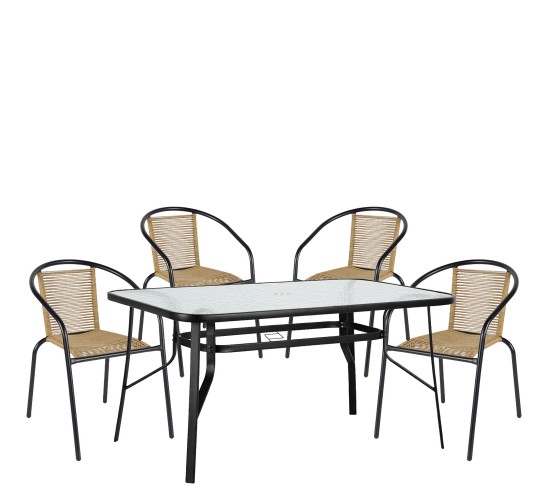Σετ Τραπεζαρία Κήπου ArteLibre SUN Μαύρο/Φυσικό Rattan/Γυαλί/Μέταλλο Με 4 Πολυθρόνες 14990592