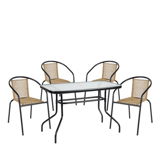 Σετ Τραπεζαρία Κήπου ArteLibre VULCAN Μαύρο/Φυσικό Rattan/Γυαλί/Μέταλλο Με 4 Πολυθρόνες 14990593