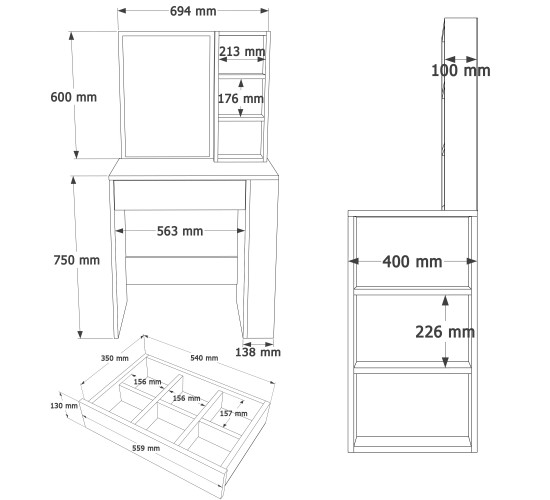 Τουαλέτα Μακιγιάζ ArteLibre GERI Λευκό Μοριοσανίδα 70x40x135cm