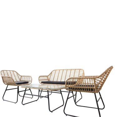 Σετ Σαλόνι Κήπου ArteLibre ACILIUS Φυσικό/Μαύρο Μέταλλο/Rattan 2θ. Καναπές 2 Πολυθρόνες Τραπεζάκι