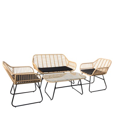 Σετ Σαλόνι Κήπου ArteLibre ACILIUS Φυσικό/Μαύρο Μέταλλο/Rattan 2θ. Καναπές 2 Πολυθρόνες Τραπεζάκι