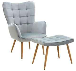 Πολυθρόνα Maddison με υποπόδιο-μαξιλάρι βελούδο γκρι-φυσικό 68x72x98εκ Υλικό: VELVET -  METAL 029-000157