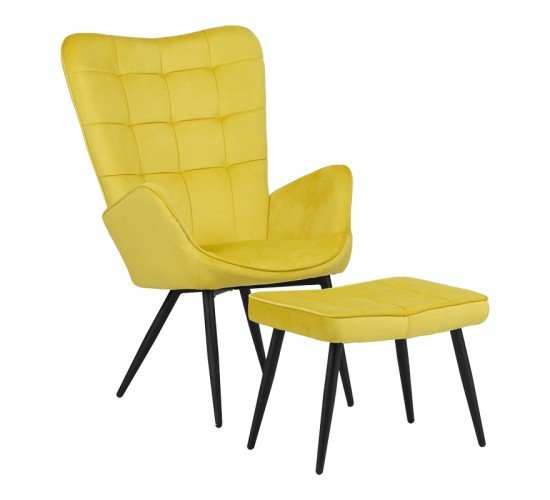Πολυθρόνα με υποπόδιο Dorita βελούδο κίτρινο-μαύρο πόδι 68.5x76x103εκ Υλικό: VELVET -  WOOD - METAL 029-000219
