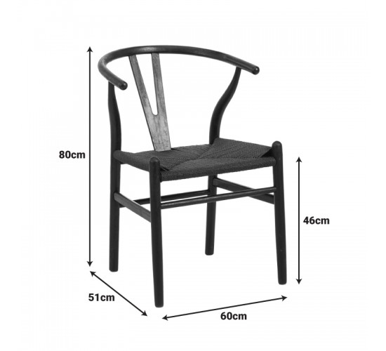 Καρέκλα Wishbone rubberwood-σχοινί σε μαύρη απόχρωση 60x51x80εκ Υλικό: RUBERWOOD - ROPE PAPER 029-000344