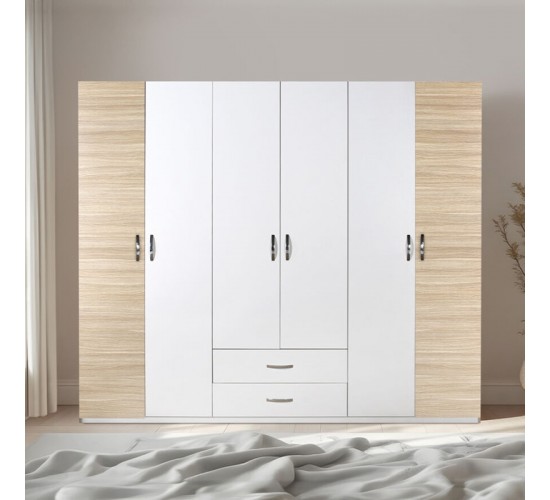 Ντουλάπα ρούχων Dormie εξάφυλλη με συρτάρια σε λευκή απόχρωση 206x52x213εκ Υλικό: PARTICLE BOARD 039-000215