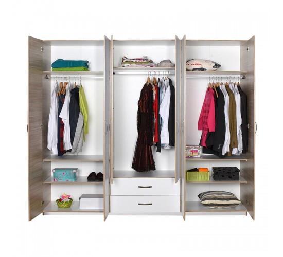 Ντουλάπα ρούχων Dormie εξάφυλλη με συρτάρια σε λευκή απόχρωση 206x52x213εκ Υλικό: PARTICLE BOARD 039-000215