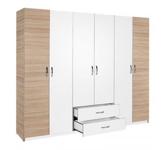 Ντουλάπα ρούχων Dormie εξάφυλλη με συρτάρια σε λευκή απόχρωση 206x52x213εκ Υλικό: PARTICLE BOARD 039-000215