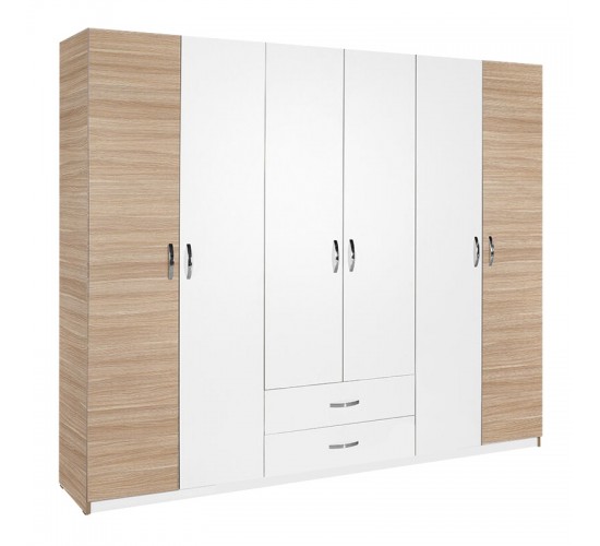 Ντουλάπα ρούχων Dormie εξάφυλλη με συρτάρια σε λευκή απόχρωση 206x52x213εκ Υλικό: PARTICLE BOARD 039-000215