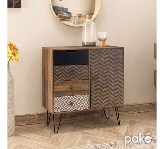 Συρταριέρα Boho με συρτάρια-ντουλάπι καρυδί μεταλλικά πόδια 79,5x39,5x86εκ Υλικό: MDF & CLIPBOARD 12mm & 15mm WITH PAPER WOOD 066-000003