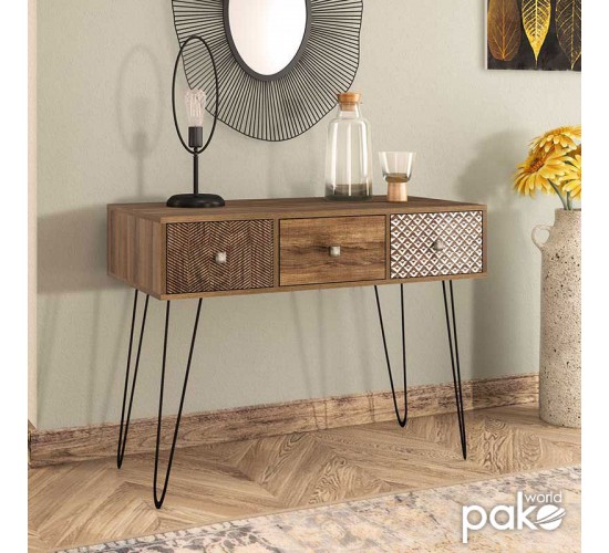 Κονσόλα Boho καρυδί με μεταλλικά πόδια 100x50,5x74,5εκ Υλικό: MDF & CLIPBOARD 12mm & 15mm WITH PAPER WOOD 066-000004