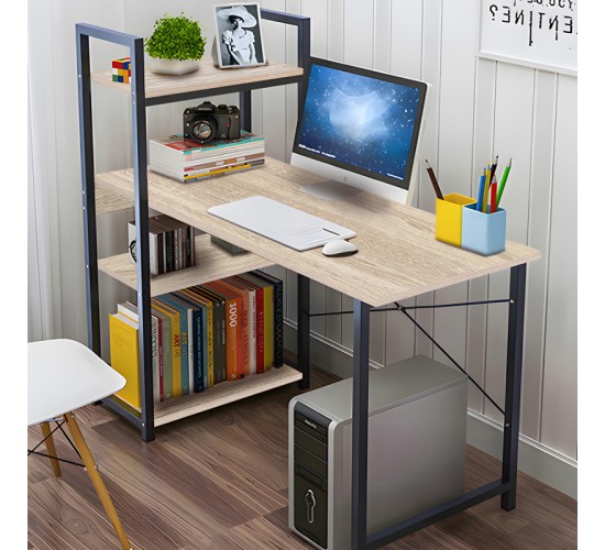 Γραφείο εργασίας Bencour με βιβλιοθήκη mdf σε φυσική απόχρωση με μαύρο μέταλλο 90x40x73εκ Υλικό: 12MM MDF MELAMINE   METAL 072-000166