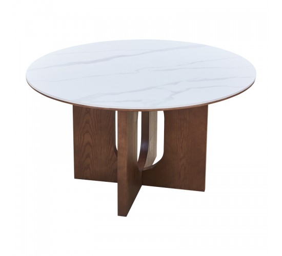 Τραπέζι Merge sintered stone-mdf σε λευκό μαρμάρου με καρυδί βάση Φ130x75εκ Υλικό: 12MM SINTERED STONE   18MM MDF - WOOD VENEER 072-000171