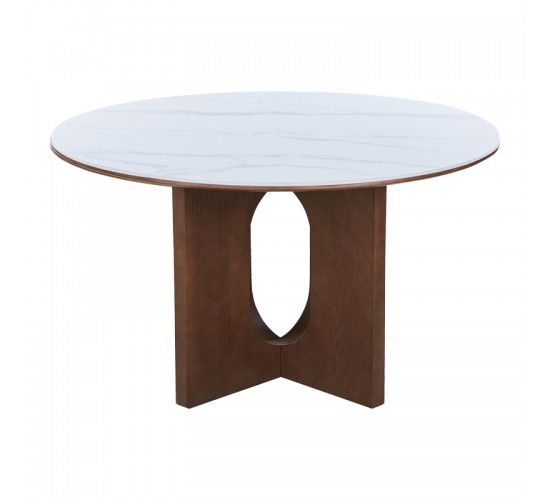 Τραπέζι Merge sintered stone-mdf σε λευκό μαρμάρου με καρυδί βάση Φ130x75εκ Υλικό: 12MM SINTERED STONE   18MM MDF - WOOD VENEER 072-000171