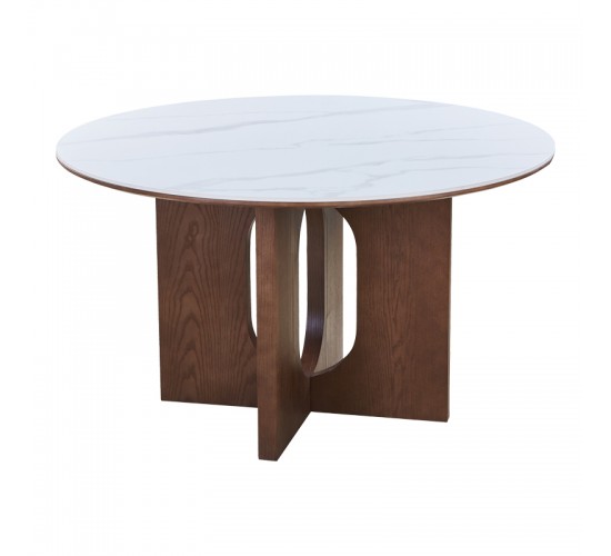 Τραπέζι Merge sintered stone-mdf σε λευκό μαρμάρου με καρυδί βάση Φ130x75εκ Υλικό: 12MM SINTERED STONE   18MM MDF - WOOD VENEER 072-000171