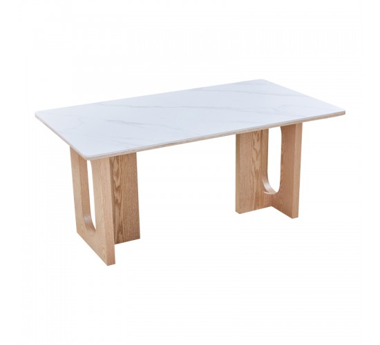 Τραπέζι Benqui sintered stone-mdf σε λευκό μαρμάρου με βάση σε φυσική απόχρωση 160x90x75εκ Υλικό: 12MM SINTERED STONE   18MM MDF - WOOD VENEER 072-000173