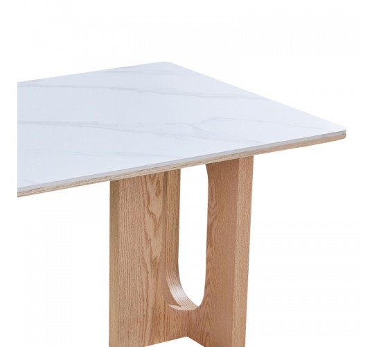 Τραπέζι Benqui sintered stone-mdf σε λευκό μαρμάρου με βάση σε φυσική απόχρωση 160x90x75εκ Υλικό: 12MM SINTERED STONE   18MM MDF - WOOD VENEER 072-000173