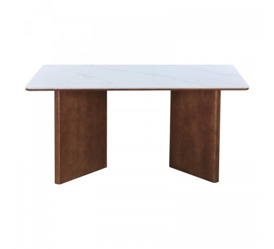 Τραπέζι Versy sintered stone-mdf σε λευκό μαρμάρου με καρυδί βάση 160x90x75εκ Υλικό: 12MM SINTERED STONE   18MM MDF - WOOD VENEER 072-000174
