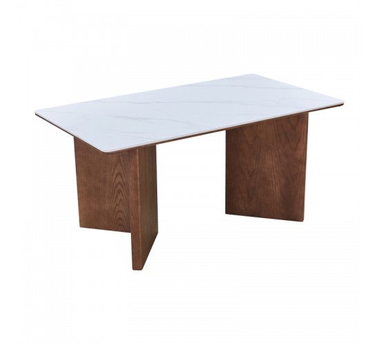 Τραπέζι Versy sintered stone-mdf σε λευκό μαρμάρου με καρυδί βάση 160x90x75εκ Υλικό: 12MM SINTERED STONE   18MM MDF - WOOD VENEER 072-000174