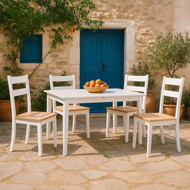 Tραπεζαρία επεκτεινόμενη Mabor-York σετ 5τεμ ξύλο σε λευκή απόχρωση 120-150x80x73,8εκ Υλικό: rubberWOOD 091-000021