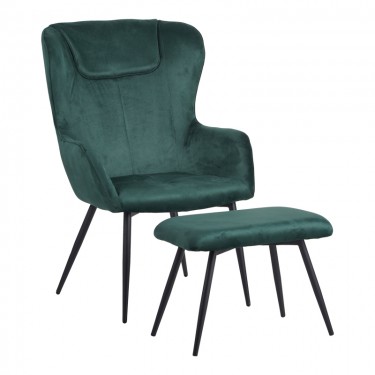 Πολυθρόνα με υποπόδιο Rueda βελούδο σε σκούρο πράσινο απόχρωση με μαύρα μεταλλικά πόδια 71.5x66.5x99εκ Υλικό: VELVET - METAL 096-000041