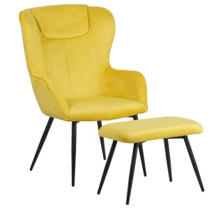 Πολυθρόνα με υποπόδιο Rueda βελούδο σε κίτρινη απόχρωση με μαύρα μεταλλικά πόδια 71.5x66.5x99εκ Υλικό: VELVET - METAL 096-000042