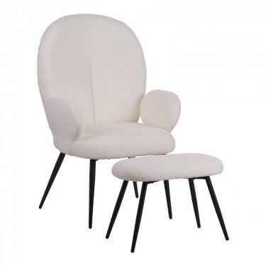 Πολυθρόνα με υποπόδιο Qarar μπουκλέ ύφασμα σε λευκή απόχρωση με μαύρα μεταλλικά πόδια 67.5x67.5x106εκ Υλικό: TEDDY FABRIC - METAL 096-000044