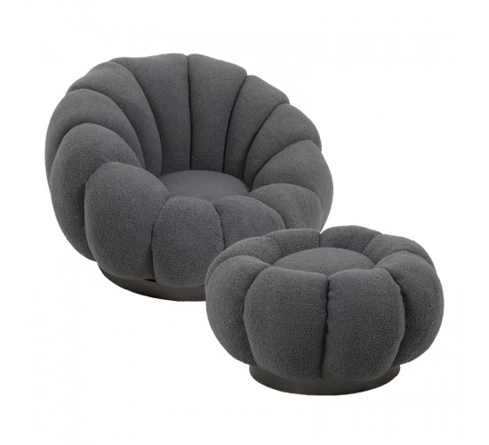 Πολυθρόνα περιστρεφόμενη με σκαμπό Nester μπουκλέ ύφασμα σε γκρι απόχρωση 98x97x69εκ Υλικό: PLYWOOD. FABRIC. METAL 110-000100