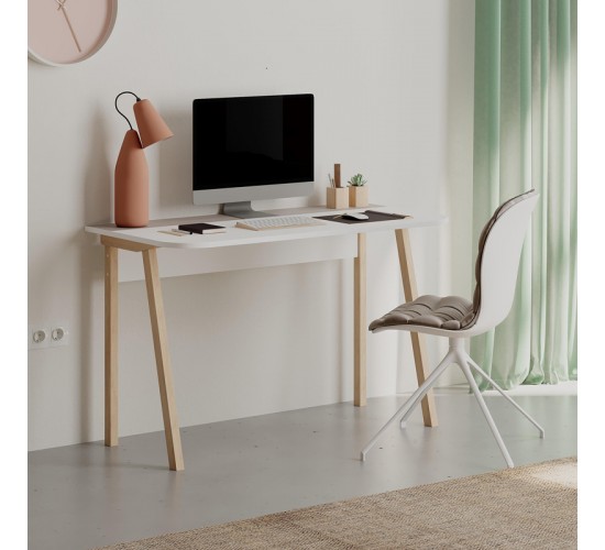 Γραφείο Malia λευκό-μόκα και πόδι σε φυσική απόχρωση 120x60.5x75εκ Υλικό: CLIPBOARD 18mm WITH MELAMINE COATING 119-001247