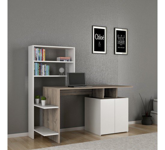 Γραφείο με ραφιέρα Melis γκρι-μπεζ-λευκό 146x60x129εκ Υλικό: CLIPBOARD WITH MELAMINE 18mm. 120-000081