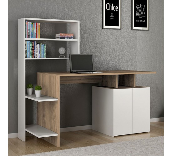 Γραφείο με ραφιέρα Melis pakoworld χρώμα λευκό-sonoma 146x60x129εκ