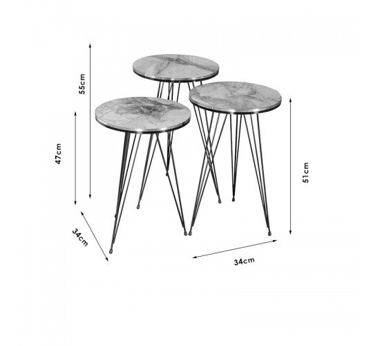 Βοηθητικά τραπέζια Sebastian σετ 3τεμ λευκό γκρι μαρμάρου-μαύρο Υλικό: CHIPBOARD WITH MELAMINE COATING - METAL 120-000340