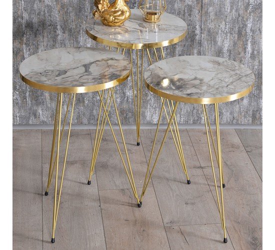 Βοηθητικά τραπέζια Sebastian σετ 3τεμ λευκό γκρι μάρμαρου-χρυσό Υλικό: CHIPBOARD WITH MELAMINE COATING - METAL 120-000344